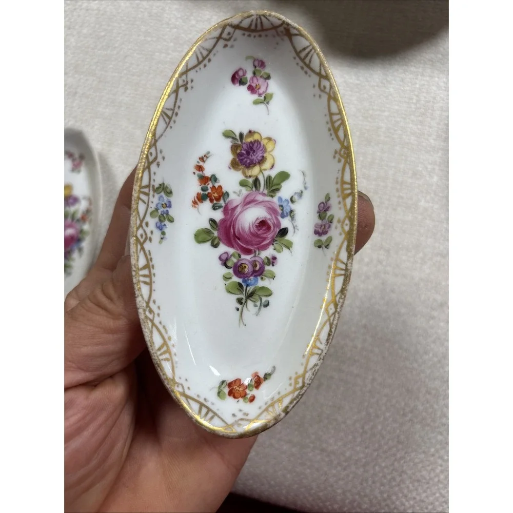 Vintage Dresden Handmalerei Porcelain Oval Open Salts Nut Dishes Hand Painted⁠ 4